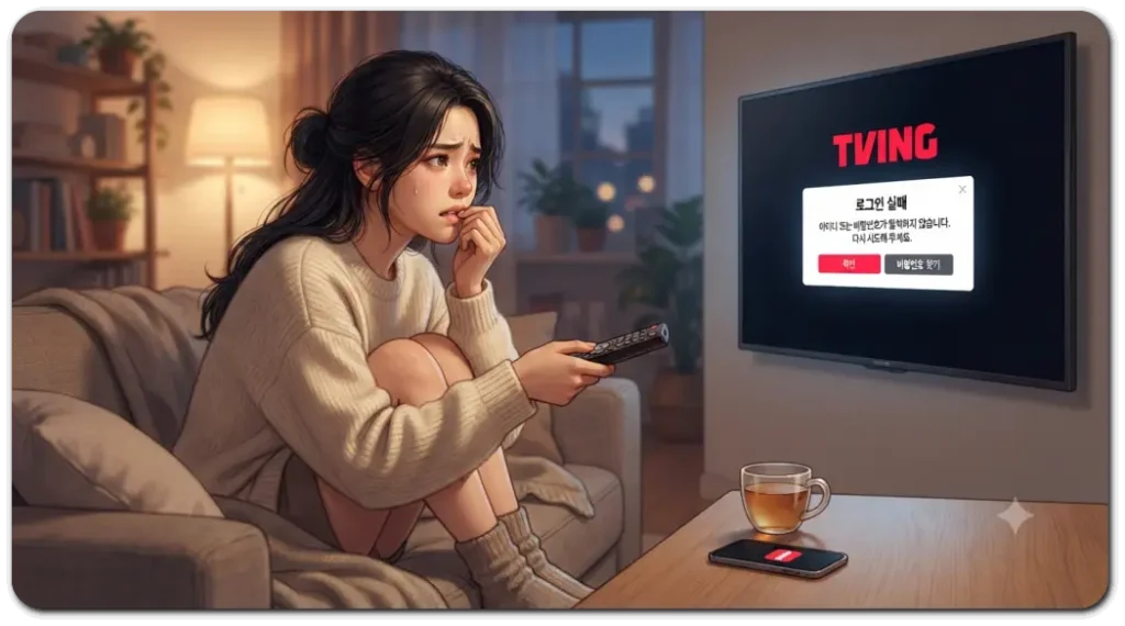 티빙-로그인-오류-때문에-답답해하는-여성