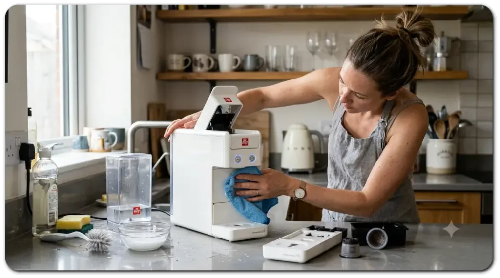 A woman cleaning an Illy coffee machine