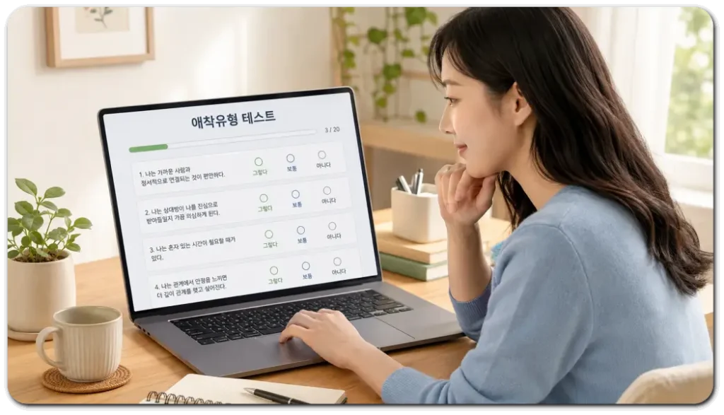 노트북으로-애착유형-테스트를-하는-여성