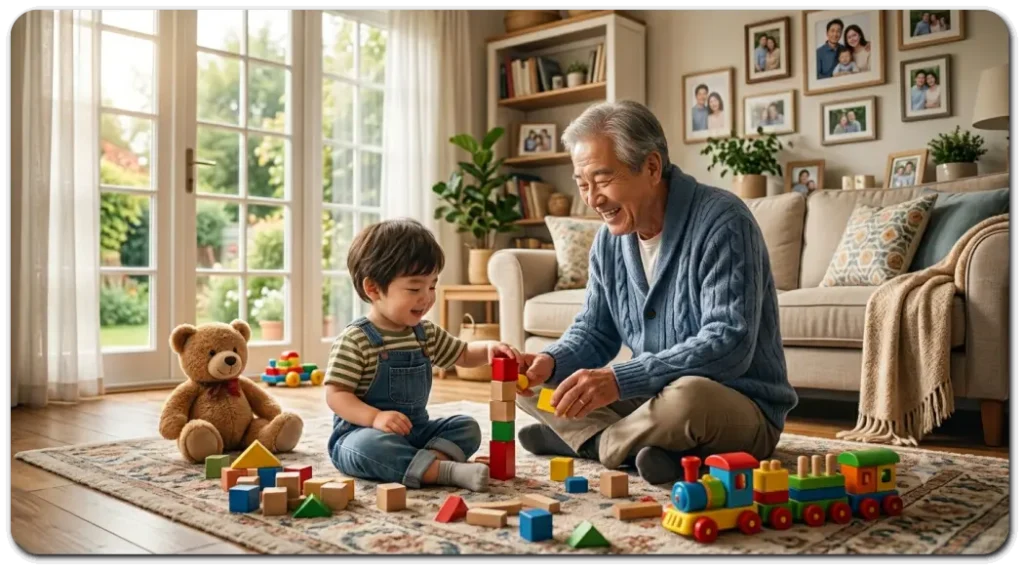 손자를-돌보는-할아버지-거실에서