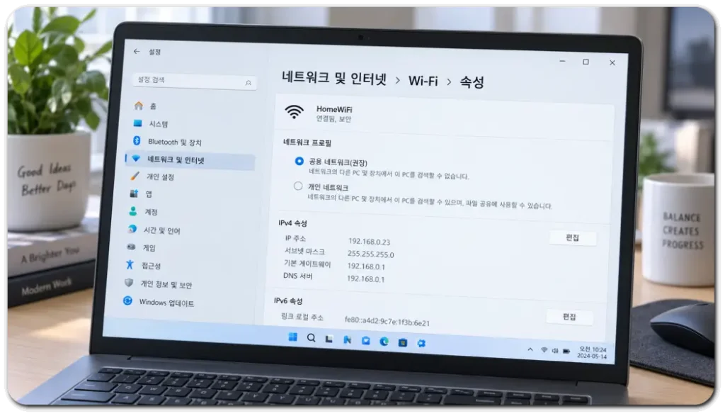노트북-Wi‑Fi-설정과-IPv4-예시