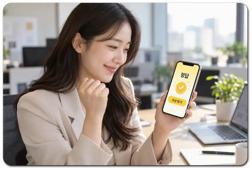 이모지-퀴즈-보상-확인하는-직장인
