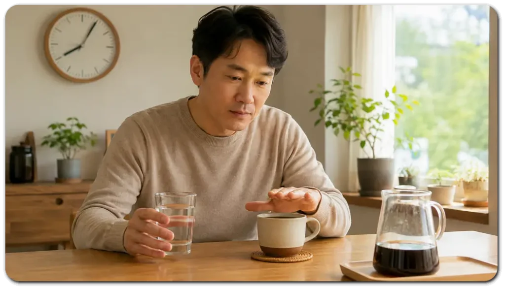커피를-충분히-식히고-물부터-마시는-모습